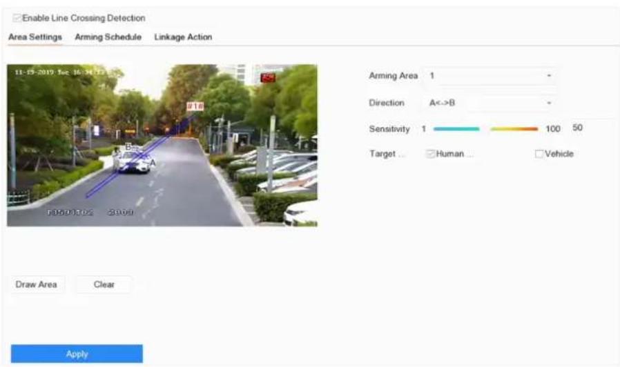 Enable Line Crossing Detection Area Settings Arming Schedule Linkage Action 11-19-2019 Sec. 16:34:73 Arming Area 1 Direction A<>B Sensitivity 1 100 50 Target ... Human ... Vehicle Draw Area Clear Apply