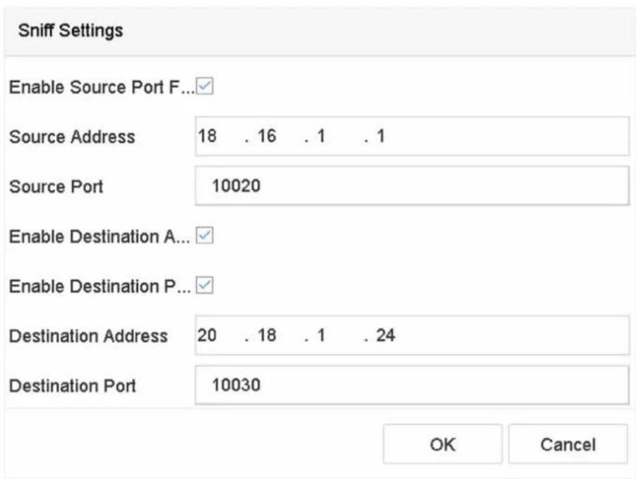 Sniff Settings Enable Source Port F... Source Address 18 . 16 . 1 . 1 Source Port 10020 Enable Destination A... Enable Destination P... Destination Address 20 . 18 . 1 . 24 Destination Port 10030 OK Cancel