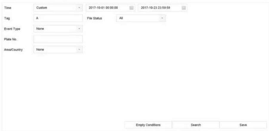Time Custom 2017-10-01 00:00:00 2017-10-23 23:59:59 Tag A File Status All Event Type None Plate No. Area/Country None Empty Conditions Search Save