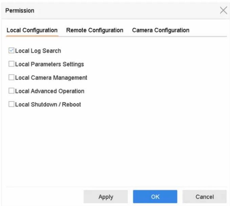 Permission Local Configuration Remote Configuration Camera Configuration ✓ Local Log Search □ Local Parameters Settings □ Local Camera Management □ Local Advanced Operation □ Local Shutdown / Reboot Apply OK Cancel