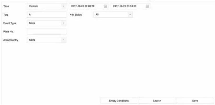 Time Custom 2017-10-01 00:00:00 2017-10-23 23:59:59 Tag A File Status All Event Type None Plate No. Area/Country None Empty Conditions Search Save
