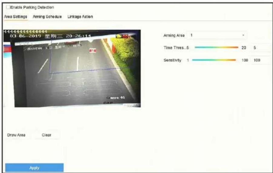 Enable Parking Detection Area Settings Arming Schedule Linkage Action 14444444444444 03-06-2019 星期三 20:26:14 2013年04 1日 星期三 17:36:19 Draw Area Clear Apply Arming Area 1 Time Thres...5 20 5 Sensitivity 1 100 100