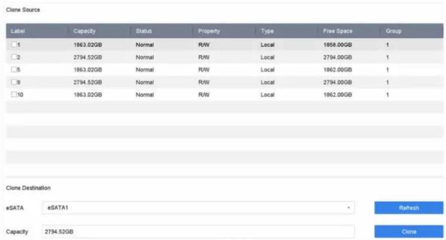 Clone Source Label Capacity Status Property Type Free Space Group □ 1 1863.02GB Normal R/W Local 1858.00GB 1 □ 2 2794.52GB Normal R/W Local 2794.00GB 1 □ 3 1863.02GB Normal R/W Local 1862.00GB 1 □ 5 2794.52GB Normal R/W Local 2794.00GB 1 □ 10 1863.02GB Normal R/W Local 1862.00GB 1 Clone Destination eSATA eSATA1 Refresh Capacity 2794.52GB Close