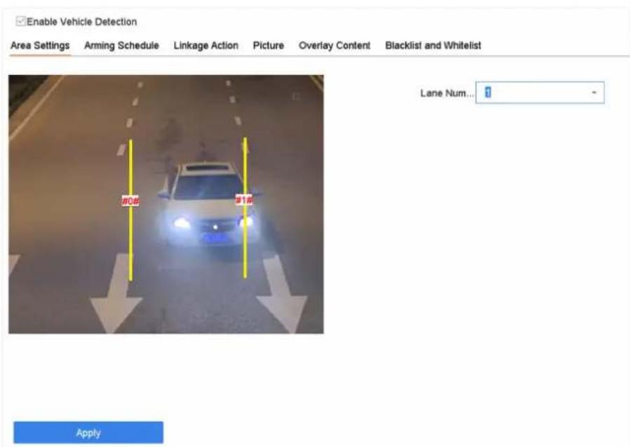 Enable Vehicle Detection Area Settings Arming Schedule Linkage Action Picture Overlay Content Blacklist and Whitelist Lane Num... #0# #1# Apply
