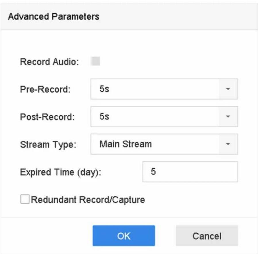 Advanced Parameters Record Audio: Pre-Record: 5s Post-Record: 5s Stream Type: Main Stream Expired Time (day): 5 □ Redundant Record/Capture OK Cancel