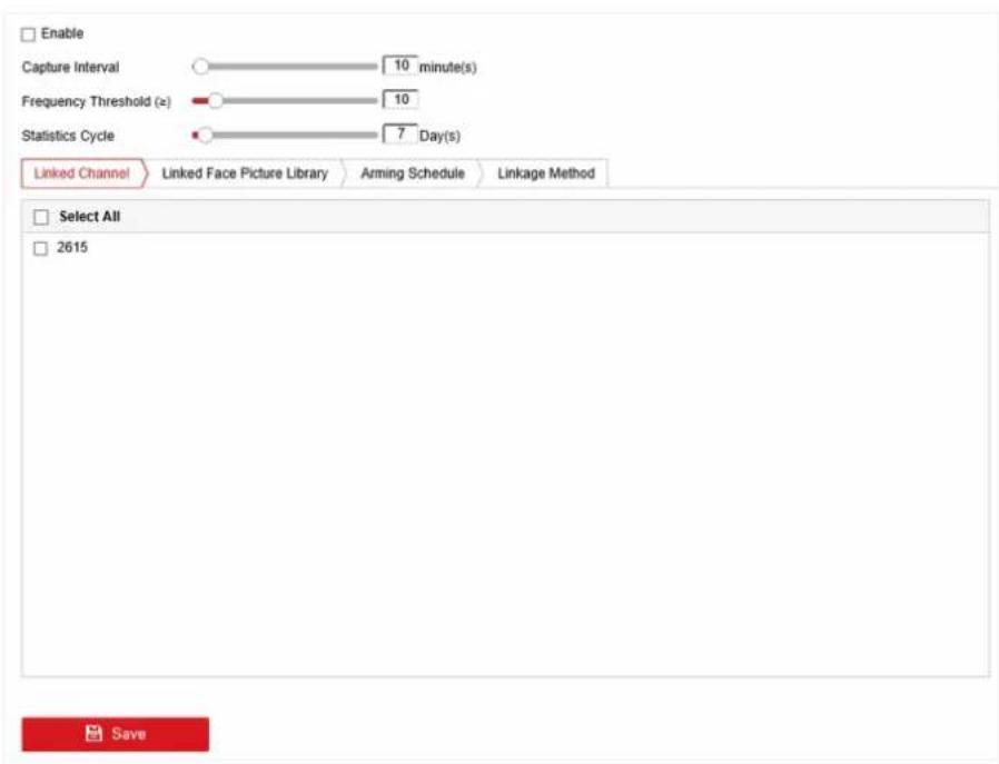 Enable Capture Interval 10 minute(s) Frequency Threshold (z) 10 Statistics Cycle 7 Day(s) Linked Channel Linked Face Picture Library Arming Schedule Linkage Method Select All 2615 Save