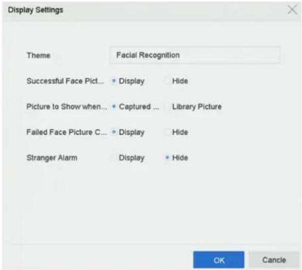 Display Settings Theme Facial Recognition Successful Face Pict... • Display Hide Picture to Show when... • Captured ... Library Picture Failed Face Picture C... • Display Hide Stranger Alarm • Display Hide OK Cancel