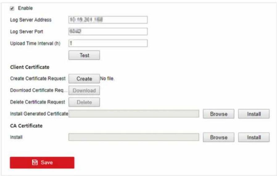 Enable Log Server Address 10:19.201.168 Log Server Port 6043 Upload Time Interval (h) 1 Test Client Certificate Create Certificate Request Create No file. Download Certificate Req... Download Delete Certificate Request Delete Install Generated Certificate Browse Install CA Certificate Install Browse Install Save