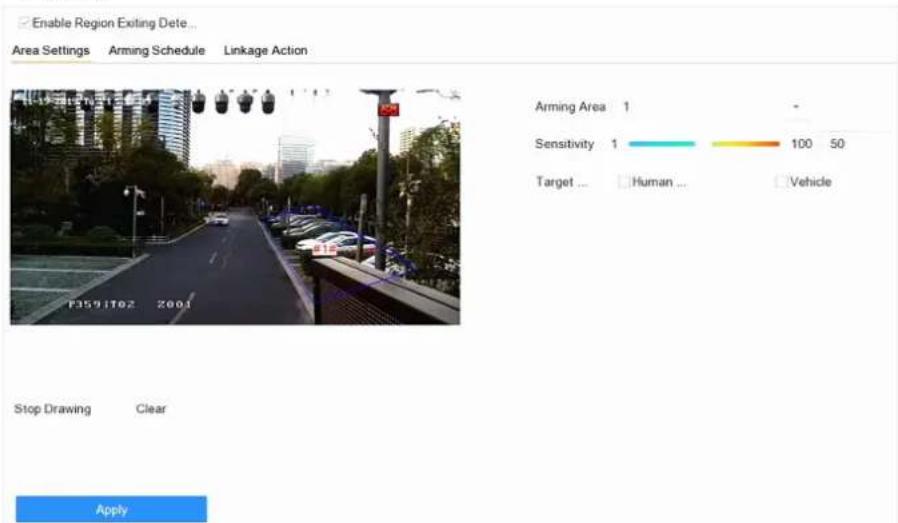 Enable Region Exiting Dete... Area Settings Arming Schedule Linkage Action Arming Area 1 Sensitivity 1 100 50 Target ... Human ... Vehicle Stop Drawing Clear Apply