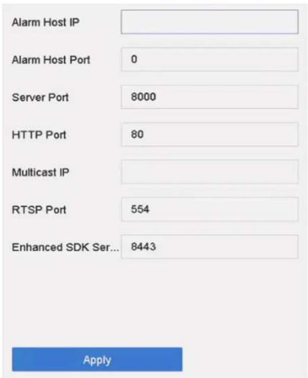 Alarm Host IP Alarm Host Port 0 Server Port 8000 HTTP Port 80 Multicast IP RTSP Port 554 Enhanced SDK Ser... 8443 Apply