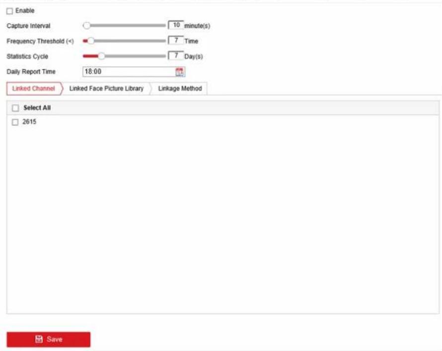 Enable Capture Interval 10 minute(s) Frequency Threshold (<) 7 Time Statistics Cycle 7 Day(s) Daily Report Time 18:00 Linked Channel Linked Face Picture Library Linkage Method Select All 2615 Save