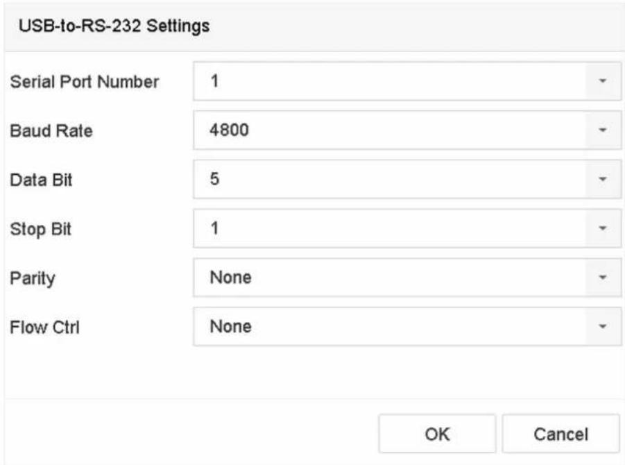 USB-to-RS-232 Settings Serial Port Number 1 Baud Rate 4800 Data Bit 5 Stop Bit 1 Parity None Flow Ctrl None OK Cancel
