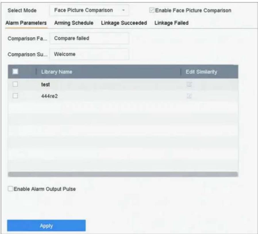 Select Mode Face Picture Comparison Enable Face Picture Comparison Alarm Parameters Arming Schedule Linkage Succeeded Linkage Failed Comparison Fa... Compare failed Comparison Su... Welcome Library Name Edit Similarity test 444re2 Enable Alarm Output Pulse Apply