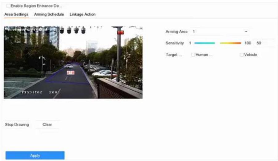 Enable Region Entrance De ... Area Settings Arming Schedule Linkage Action Arming Area 1 Sensitivity 1 100 50 Target ... Human ... Vehicle Stop Drawing Clear Apply