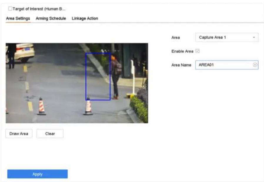 Target of Interest (Human B... Area Settings Arming Schedule Linkage Action Area Capture Area 1 - Enable Area Area Name AREA01 Draw Area Clear Apply