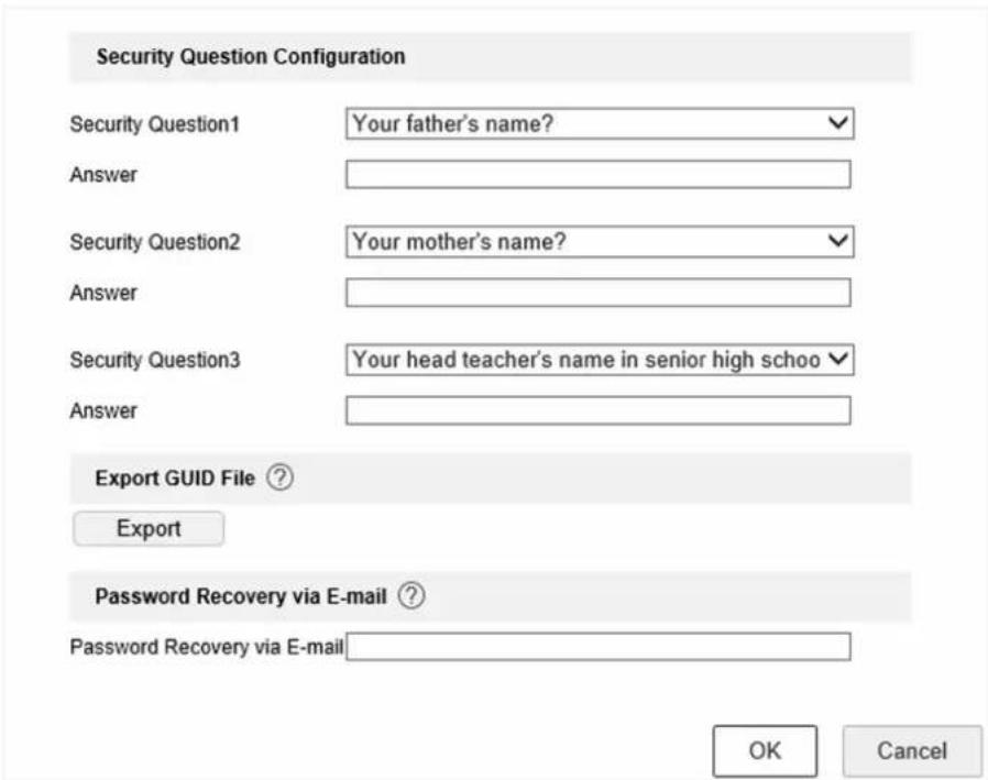 Security Question Configuration Security Question1 Your father's name? Answer Security Question2 Your mother's name? Answer Security Question3 Your head teacher's name in senior high schoo Answer Export GUID File ? Export Password Recovery via E-mail ? Password Recovery via E-mail OK Cancel