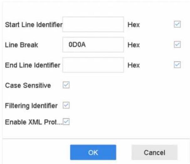 Start Line Identifier Hex Line Break 0D0A Hex End Line Identifier Hex Case Sensitive ✓ Filtering Identifier ✓ Enable XML Prot...✓ OK Cancel