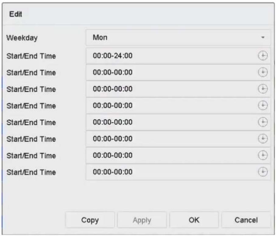 Edit Weekday Mon Start/End Time 00:00-24:00 Start/End Time 00:00-00:00 Start/End Time 00:00-00:00 Start/End Time 00:00-00:00 Start/End Time 00:00-00:00 Start/End Time 00:00-00:00 Start/End Time 00:00-00:00 Copy Apply OK Cancel