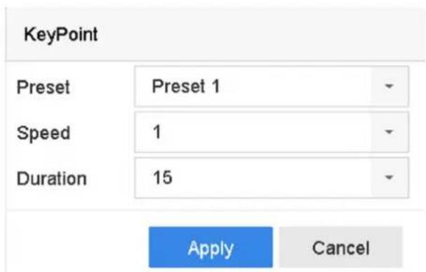 KeyPoint Preset Preset 1 Speed 1 Duration 15 Apply Cancel