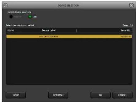 DEVICE SELECTION Select device name face OK Cancel Select Devices from the list Select 10 Add to Device Label Serial No. DOCU NAME DOCU NAME HELP RESET OK CANCEL