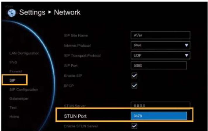 Settings ▶ Network SIP SIP Site Name AVer Internet Protocol IPv4 SIP Transport Protocol UDP SIP Port 5060 Enable SIP BFCP STUN Server 0.0.0.0 STUN Port 3478 Enable STUN Server