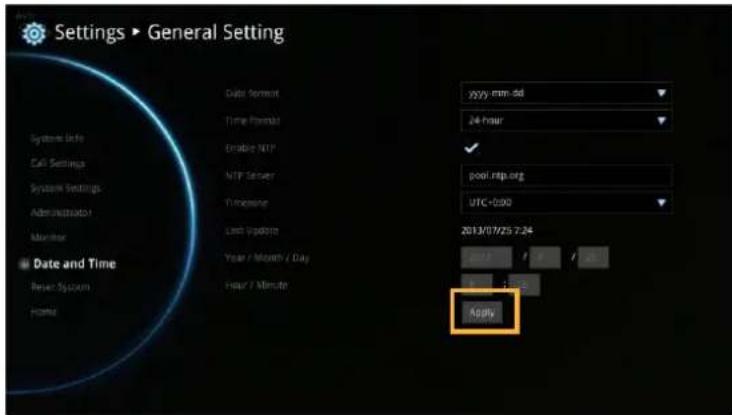 Settings ▶ General Setting Date Segment yyyy-mm-dd 24 hour System Info Enable NTP pool.rsp.org System Settings NTP Server UTC-0:00 Administrator Monitoring Last Update Year / Month / Day 2013/07/25 7:24 Hour / Minute Addiv