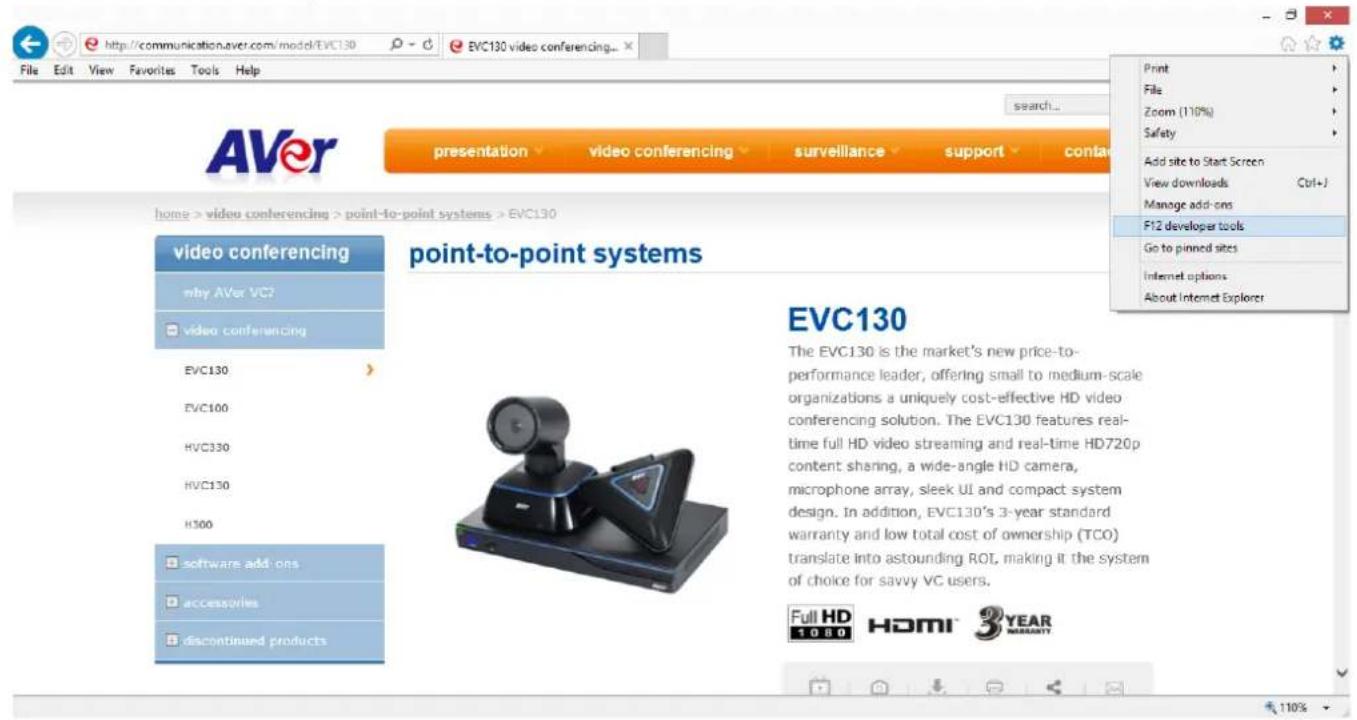 http://communication.aver.com/model/EVC130 EVC130 video conferencing... File Edit View Favorites Tools Help AVer presentation video conferencing surveillance support contact home > video conferencing > point-to-point systems > EVC130 video conferencing why AVer VC? video conferencing EVC130 EVC100 HVC330 HVC130 H500 software add-ons accessories discontinued products point-to-point systems EVC130 The EVC130 is the market's new price-to- performance leader, offering small to medium-scale organizations a uniquely cost-effective HD video conferencing solution. The EVC130 features real- time full HD video streaming and real-time HD720p content sharing, a wide-angle HD camera, microphone array, sleek UI and compact system design. In addition, EVC130's 3-year standard warranty and low total cost of ownership (TCO) translate into astounding ROI, making it the system of choice for savvy VC users. Full HD 1080 HDMI YEAR NARANTY Print File Zoom (110%) Safety Add site to Start Screen View downloads Ctrl+J Manage add-ons F12 developer tools Go to pinned sites Internet options About Internet Explorer