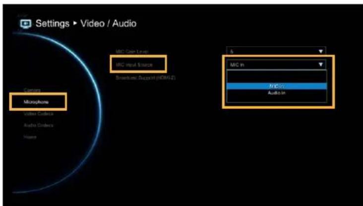 Settings ▶ Video / Audio MCC Coin Level MCC Input Source Smartphone Support (HDMI-2) Micro Micro Audio in Centers Microphones video Colors Audio Colors Maps
