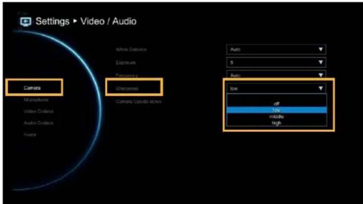 Settings ▶ Video / Audio Camera Microphone Video Outputs Audio Outputs Fore White Detention Exposure Frequency Shortens Camera Cylical Atres Auto 5 Auto low off low mid/low high