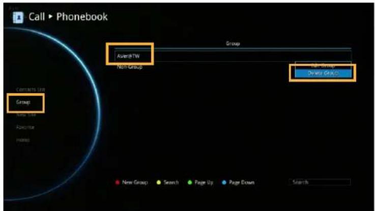 Call ▶ Phonebook Group Avera TW Non-Group Rev. Group Devie Group Contacts List Group New Year Phone/Year HDMI New Group Search Page Up Page Down Search
