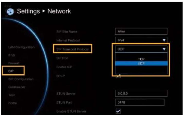 Settings ▶ Network LAN Configuration IPv6 Firewall SIP SIP Configuration Gatekeeper Test Home SIP Site Name Internal Protocol SIP Transport Protocol SIP Port Enable SIP BFCP STUN Server STUN Port Enable STUN Server AVer IPv4 UDP TCP UDP 0.0.0.0 3478