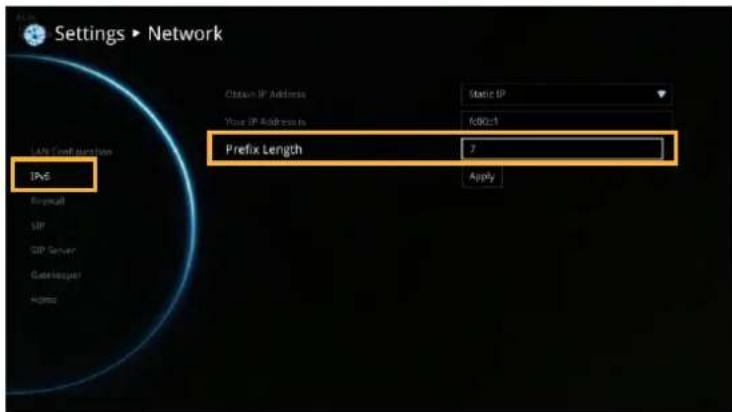 Settings ▶ Network LAN Configuration IP5 Choose IP Address: Static IP Your IP Address is: CD80-1 Prefix Length: 7 Apply