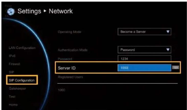 Settings ▶ Network Operating Mode Become a Server LAN Configuration Authentication Mode Password IPv6 Firewall SIP SIP Configuration Server ID 1000 124 Registered Users Gatekeeper Test Home
