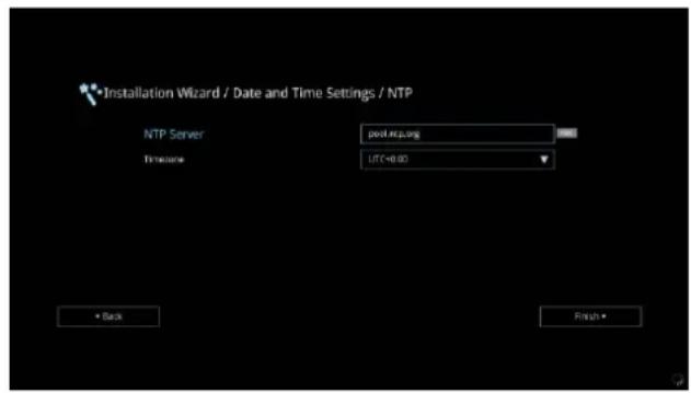 Installation Wizard / Date and Time Settings / NTP NTP Server post.kcp.org Timezone UTC<0:00 Back Finish