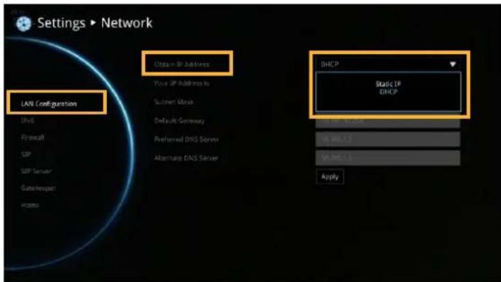Settings ▶ Network LAN Configuration Custom IP Address Your IP Address to Sustaner Mask Default Gateway Preferred DNS Server Aberritable DNS Server DHCP Static IP DHCP IP: INT.1.2 IP: INT.1.3 Apply