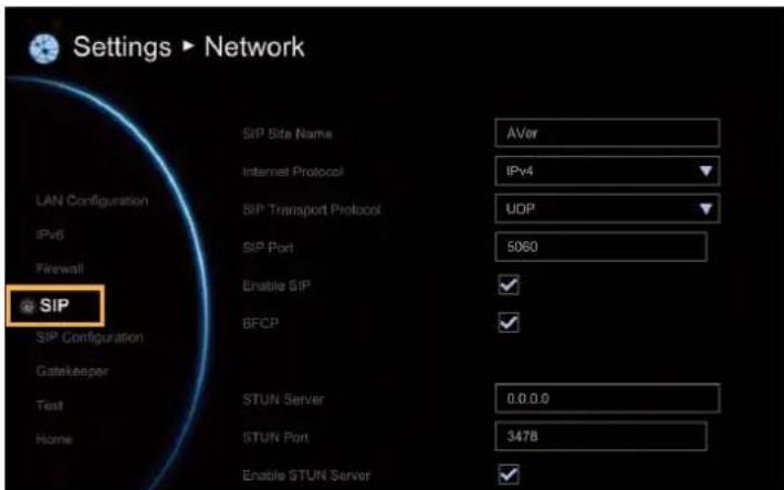 Settings ▶ Network LAN Configuration IPv6 Firewall SIP SIP Configuration Gatekeeper Test Home SIP Site Name AVer Internet Protocol IPv4 SIP Transport Protocol UOP SIP Port 5060 Enable SIP BFCP STUN Server 0.0.0.0 STUN Port 3478 Enable STUN Server