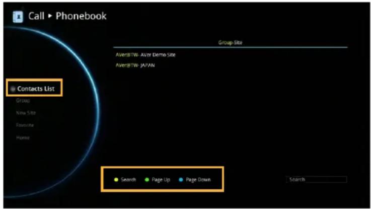 Call ▶ Phonebook Group Site Aver@TW- Aver Demo Site Aver@TW- JAPAN Contacts List Group New Site Favorite Home Search Page Up Page Down Search