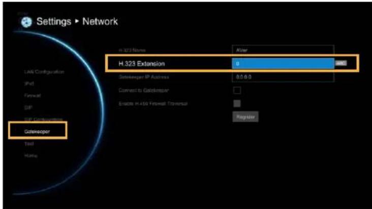 Settings ▶ Network H.323 Name After H.323 Extension 0 Gateway IP Address 0.0.0.0 Connect to Gateway Enable H.450 Firewall, Terminal Register LAN Configuration IPs Forward SIP USB Configuration Gateway Text Home