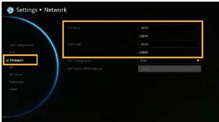 Settings ▶ Network TCP Ports 30000 -30019 UDP Ports 30000 -30019 NAT Configuration Auto NAT Fabric (FTP/s) Address USB