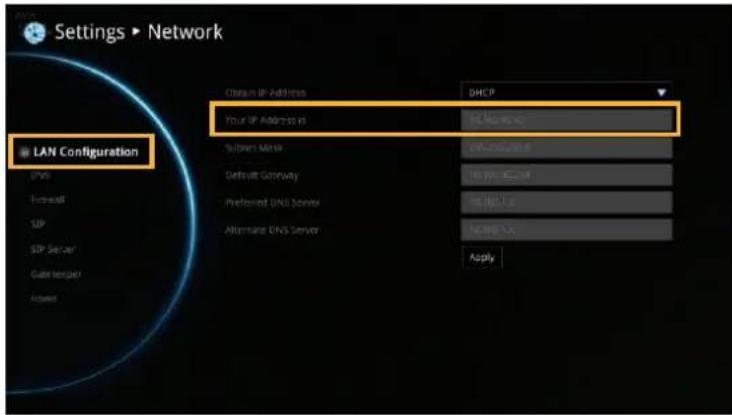 Settings ▶ Network LAN Configuration DHCP Your IP Address is IE, Mac OS Subuser Mask IP-2001388 Default Gateway IE, PC-CC24 Preferred DNS Server IE, HC-L2 Alternate DNS Server NEWR L2 Apply