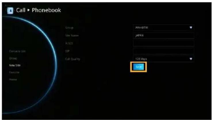 Call ▶ Phonebook Contact Us Group Site Name H.323 SIP Call Quality AMerBTW JAPAN 120 kbps Save