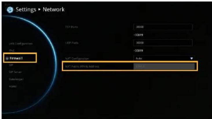 Settings ▶ Network LAN Configuration IPvS Firewall TCP Ports 30000 -30019 UDP Ports 30000 -30019 NAT Configuration Active NAT Public (WNT) Address 6.8MB