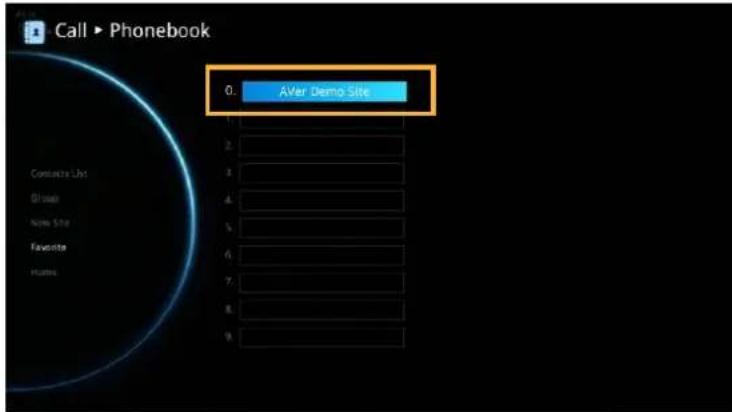 Call ▶ Phonebook 0. AVer Demo Site 1 2 3 4 5 6 7 8 9 Contacts List @ sites Name Site Favorite Homes