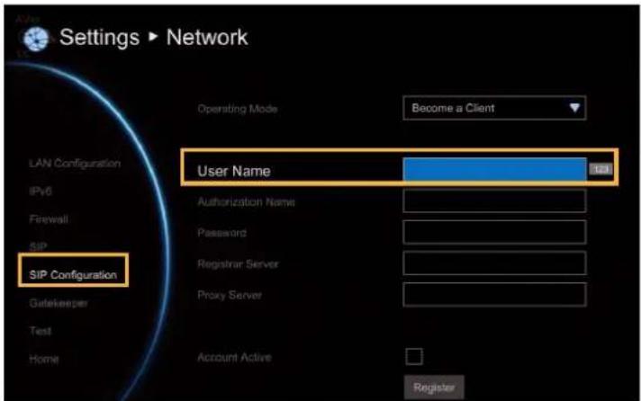 Settings ▶ Network Operating Mode Become a Client LAN Configuration IPv6 Firewall SIP SIP Configuration User Name 100 Authorization Name Password Registrar Server Proxy Server Account Active Register