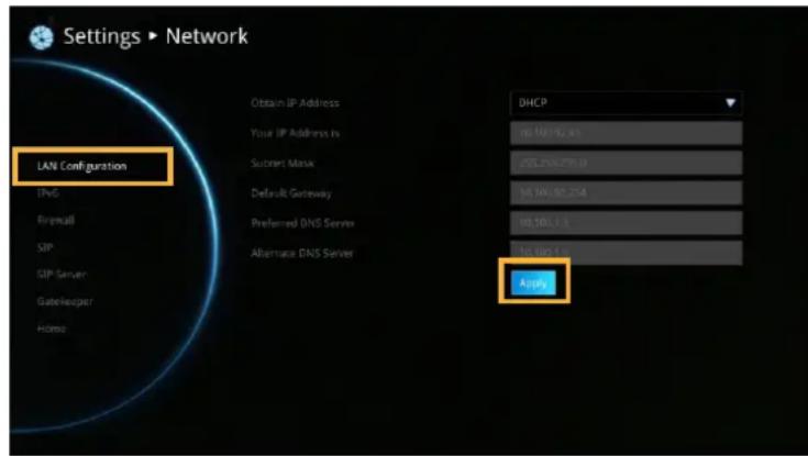 Settings ▶ Network LAN Configuration IPNG Firewall SIP SIP Server Gatekeeper Home Obtain IP Address Your IP Address is Subram Mask Default Gateway Preferred DNS Server Alternate DNS Server DHCP 10.101/92.45 205.25%-278.0 10.101/92.254 10.101.1.5 10.101.1.6 Apache