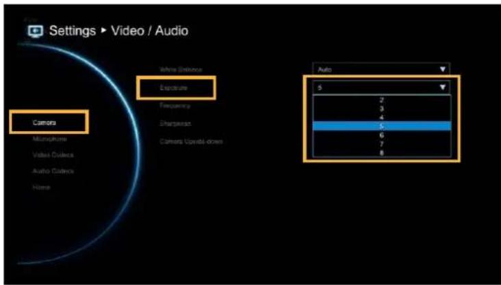 Settings ▶ Video / Audio Camera Microphone Video Deluxe Audio Colors Home White Detention Exposure Frequency Sharpness Camera Upside down Auto 5 2 3 4 5 6 7 8