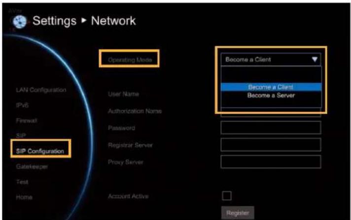 Settings ▶ Network Operating Mode LAN Configuration IPv6 Firewall SIP SIP Configuration Gatekeeper Test Home User Name Authorization Name Password Registrar Server Proxy Server Account Active Become a Client Become a Client Become a Server Register