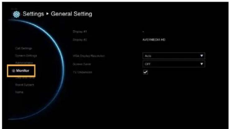 Settings ▶ General Setting Display #1 Display #2 AVERMEDIA HD Cell Settings System Settings Administration Monitor Auto OFF Play and Use Reset System Home
