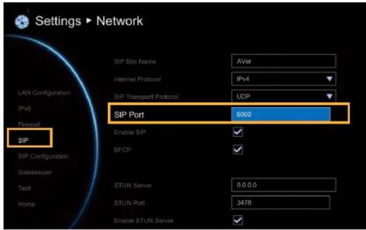 Settings ▶ Network LAN Configuration IPv6 Firewall SIP SIP Site Name AVer Internet Protocol IPv4 SIP Transport Protocol UDP SIP Port 5060 Enable SIP BFCP STUN Server 0.0.0.0 STUN Port 3478 Enable STUN Server