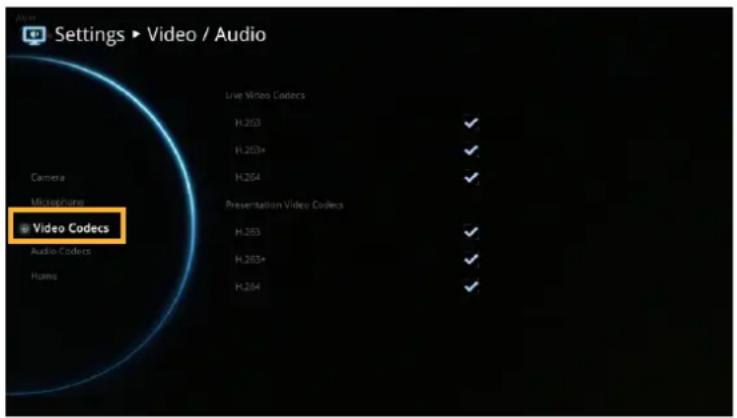 Settings ▶ Video / Audio Camera Microphones Video Codecs Audio Codecs Hims Line Videos H.263 H.263+ H.264 Presentation Video Codecs H.263 H.263+ H.264